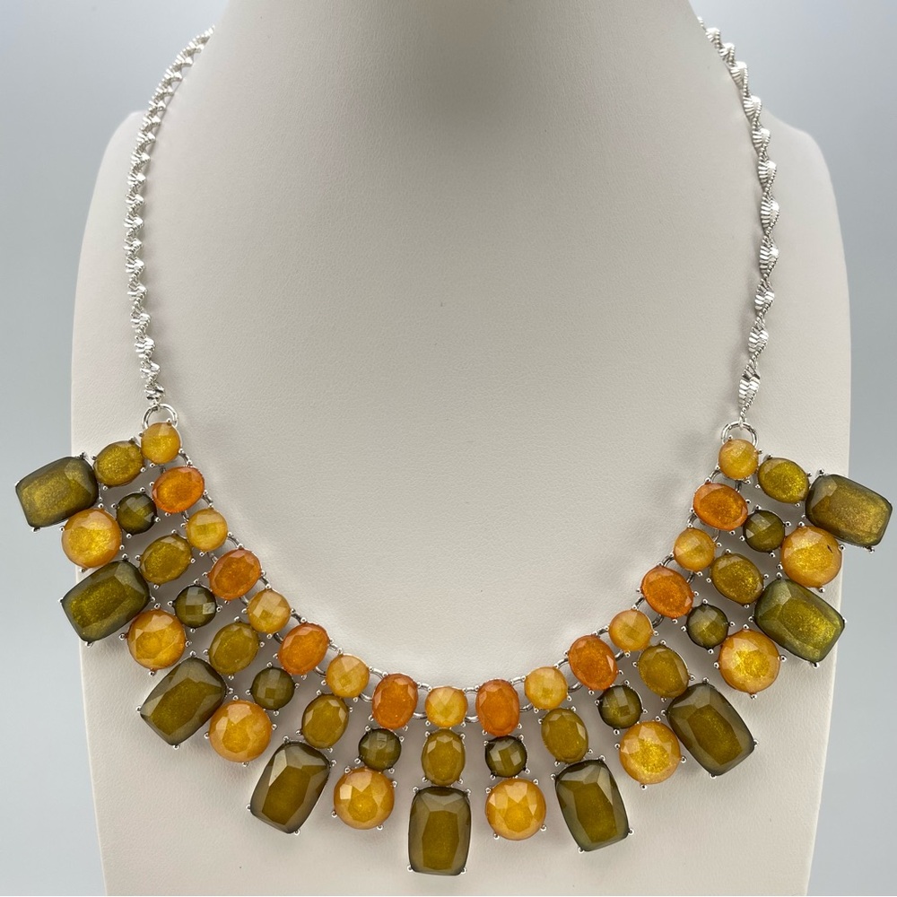Bold Multicolor Faceted Bead Bib Necklace Silver Chain Statement
